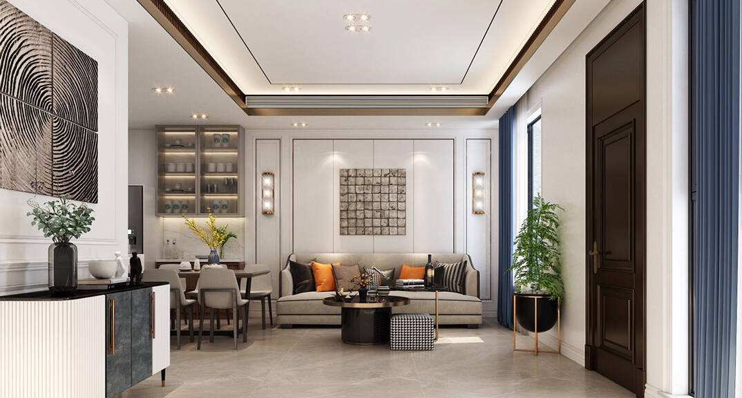 金茂墅180㎡別墅客廳餐廳現代風格裝修效果圖